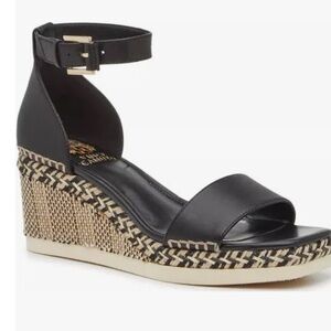 Vince Camuto Black and Cream Wedge Sandals with Leopard Print